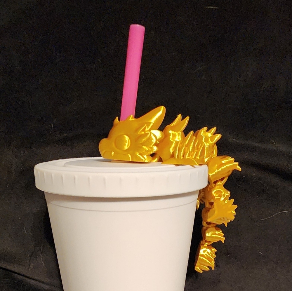 Articulated 3D Printed Gold Dragon Straw Topper